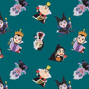 Disney villains fabric -- Kawaii Maleficent, Ursula, Snow White&#39;s evil Queen, and more scattered on teal -- 100% cotton quilting fabric