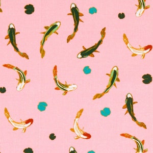 Asian-inspired fabric -- Green, white and red koi fish swimming among lilipads on light pink -- 100% cotton quilting fabric