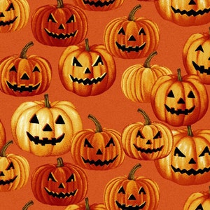 Halloween fabric -- Jack-o&#39;-lanterns packed on orange -- 100% quilting cotton fabric by the yard
