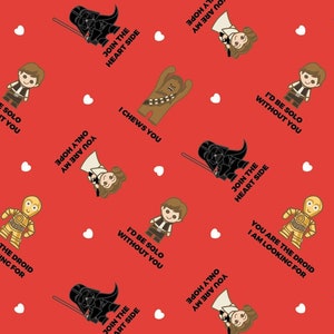 Star Wars fabric -- Kawaii Star Wars characters and Valentine&#39;s Day sayings on red -- 100% cotton quilting fabric