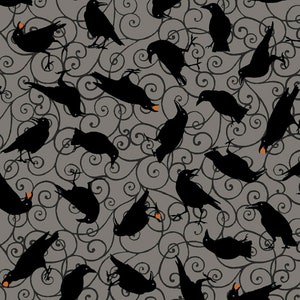 Halloween fabric -- Black crows and swirls on dark gray -- 100% cotton quilting fabric