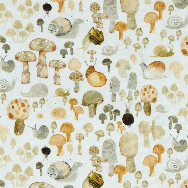 Mushroom fabric -- Watercolor snails and mushrooms on white -- 100% cotton quilting fabric