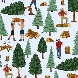 Lenhadores trabalhando na floresta em azul claro – tecido quilting 100% algodão