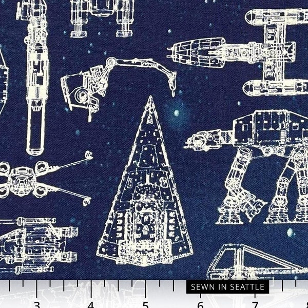 Star Wars fabric -- Blueprint drawings of Star Wars spacecraft on galaxy blue -- 100% cotton quilting fabric