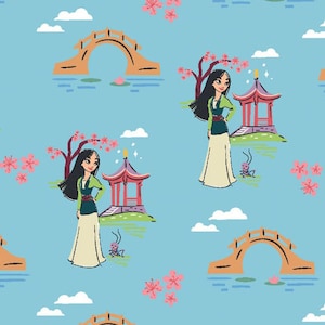 Disney Princess fabric -- Mulan on light blue -- 100% cotton quilting fabric