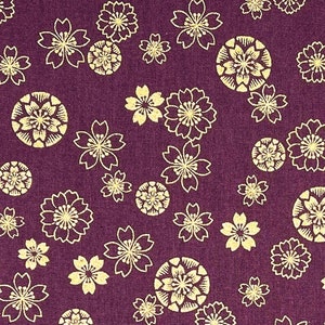Japanese fabric -- Metallic gold cherry blossoms (sakura) on eggplant purple -- 100% cotton fabric by the yard