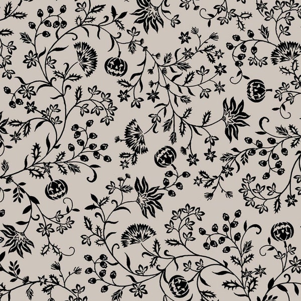 Tissu d'Halloween -- Petites citrouilles sur la vigne sur gris clair -- Tissu courtepointe 100 % coton