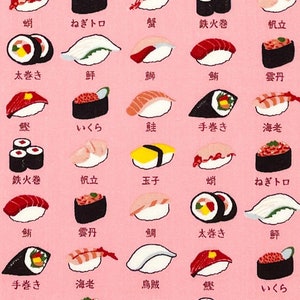 Japanese fabric -- Rows of sushi and their names in Japanese on pink -- 100% cotton quilting fabric