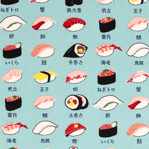 Japanese fabric -- Rows of sushi and their names in Japanese on light cyan blue -- 100% cotton quilting fabric