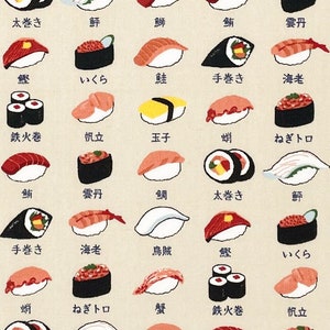Japanese fabric -- Rows of sushi and their names in Japanese on tan -- 100% cotton quilting fabric