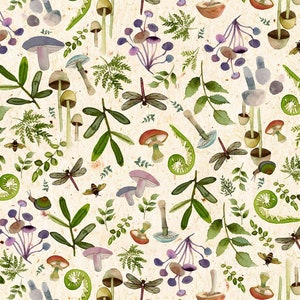 Mushroom fabric -- Small mushrooms with forest foliage and critters on cream -- 100% cotton quilting fabric