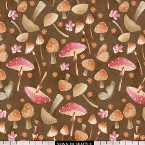 Mushroom fabric -- Watercolor mushrooms, lady bugs, and butterflies repeated on brown -- 100% cotton quilting fabric
