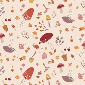 Mushroom fabric -- Mushrooms, leaves, and snails in autumn colors tossed on biege -- 100% cotton quilting fabric