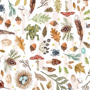 Mushroom fabric -- Little mushrooms, leaves, beetles, frogs, and other forest items on white -- 100% cotton quilting fabric