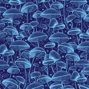 Mushroom fabric -- Packed monochromatic mushrooms in blue -- 100% cotton quilting fabric