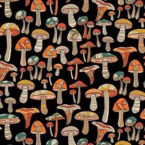Mushroom fabric -- Patterned orange, yellow, and green mushrooms on black -- 100% cotton quilting fabric
