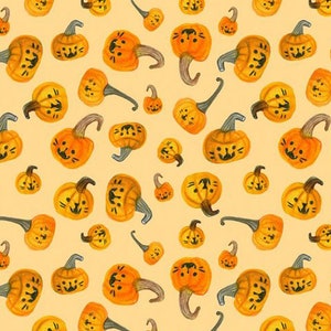 Halloween fabric -- Cat Jack-o'-lantern faces on yellow -- 100% cotton quilting fabric