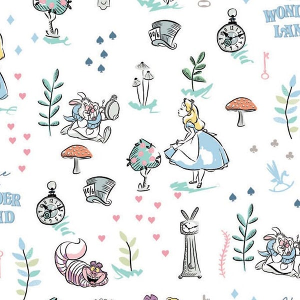 Disney fabric -- Alice, Cheshire Cat, the White Rabbit, and icons from Disney's Alice in Wonderland on white -- 100% cotton quilting fabric