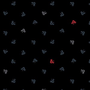 May include: Black fabric with a repeating pattern of ampersand symbols in red, blue, and grey.