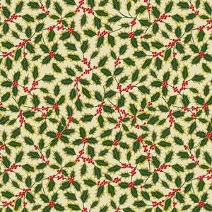 Christmas fabric -- Small holly berries and leaves on cream -- 100% cotton quilting fabric