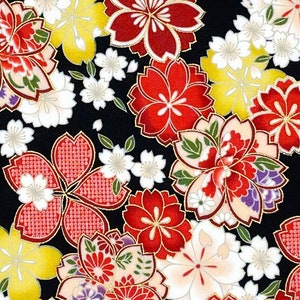 Japanese fabric -- Red, white, and yellow cherry blossoms (sakura) packed on black -- 100% cotton quilting fabric