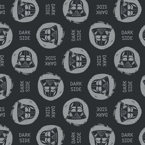 STAR WARS fabric -- Sketched Darth Vader heads repeated on dark gray with Dark Side -- 100% cotton quilting fabric