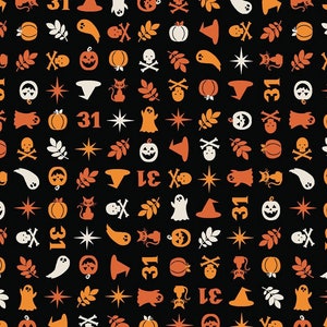 Halloween fabric -- Halloween icons repeated on black -- 100% cotton quilting fabric