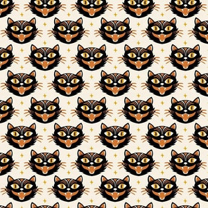 Halloween fabric -- Retro Halloween black cats repeated on cream -- 100% cotton quilting fabric