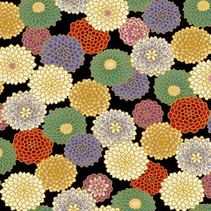 Japanese fabric -- Multi-colored chrysanthemums with metallic gold highlights on black -- 100% cotton quilting fabric