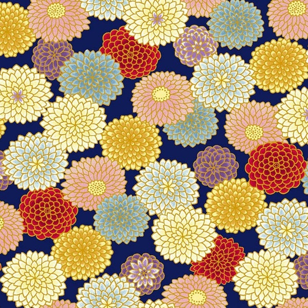 Japanischer Stoff -- Mehrfarbige Chrysanthemen mit goldenen Akzenten auf Marineblau -- Quilting-Stoff aus 100% Baumwolle