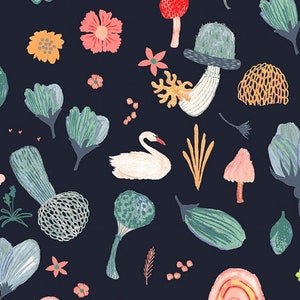 Mushroom fabric -- Mushrooms, leaves and animals scattered on navy blue -- 100% cotton quilting fabric