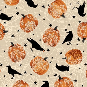 Halloween fabric -- Black crows and orange pumpkins with Damask pattern on ecru -- 100% quilting cotton fabric by the yard