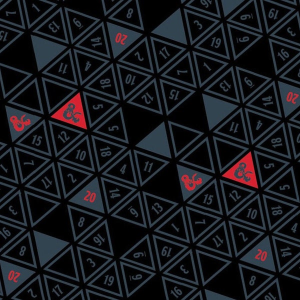 Dungeons & Dragons fabric -- Dark gray 20-sided die faces and red DnD logos repeated on black -- 100% cotton quilting fabric