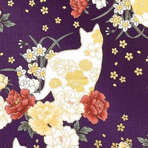 Japanese fabric -- White cat silhouettes with peonies and daffodils  and metallic gold flowers on purple -- 100% cotton quilting fabric