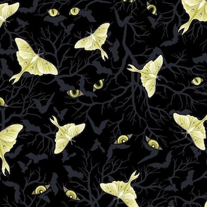 Halloween fabric -- Luna moths and cat eyes with silhouette of bats and trees on black -- 100% quilting cotton fabric by the yard