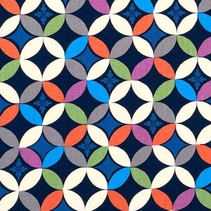 Japanese fabric -- Retro version of a traditional Japanese geometric circle pattern on dark blue -- 100% cotton quilting fabric