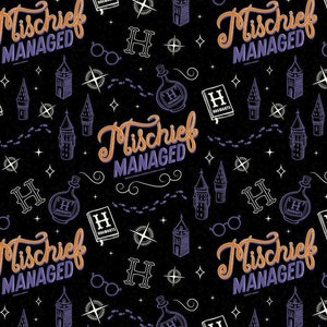 May include: Black fabric with a repeating pattern of white and orange illustrations. The illustrations include a potion bottle, a book, a pair of glasses, a compass, a star, a house, and the text "Mischief Managed".