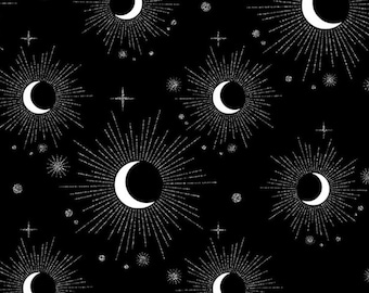Cresent moons with metallic silver halos and stars on black -- 100% cotton quilting fabric