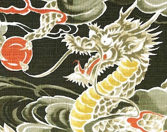 Japanese DOBBY fabric -- Green and white dragons flying through clouds on textured, dark olive cotton -- 100% cotton dobby fabric