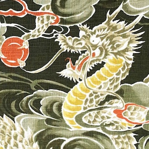 Japanese DOBBY fabric -- Green and white dragons flying through clouds on textured, dark olive cotton -- 100% cotton dobby fabric