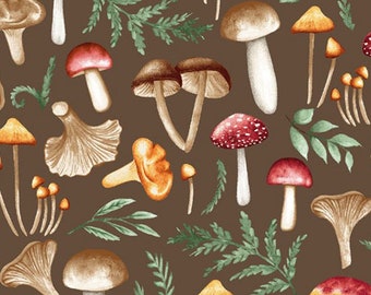 Mushroom fabric -- Variety of mushrooms with fern fronds repeated on brown -- 100% cotton quilting fabric