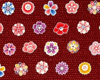Japanese DOBBY fabric -- Coloful flower crests on dotted, dark red textured cotton -- 100% cotton dobby fabric