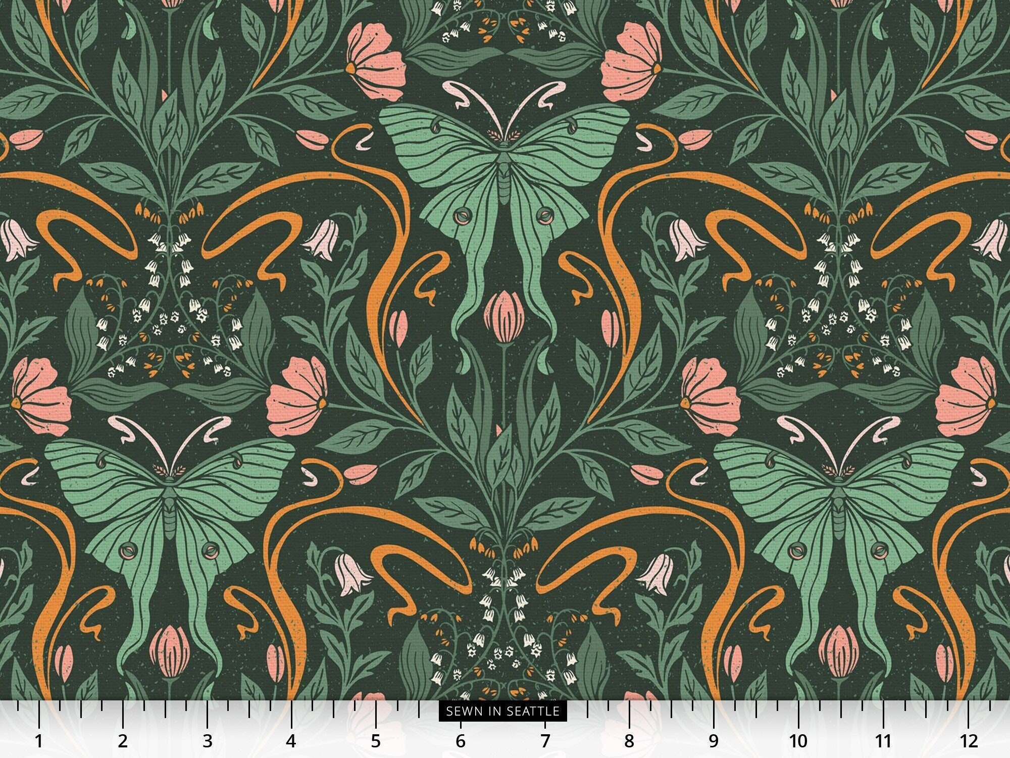 Luna moths, flowers, and foliage repeated on dark green -- 100% cotton quilting fabric