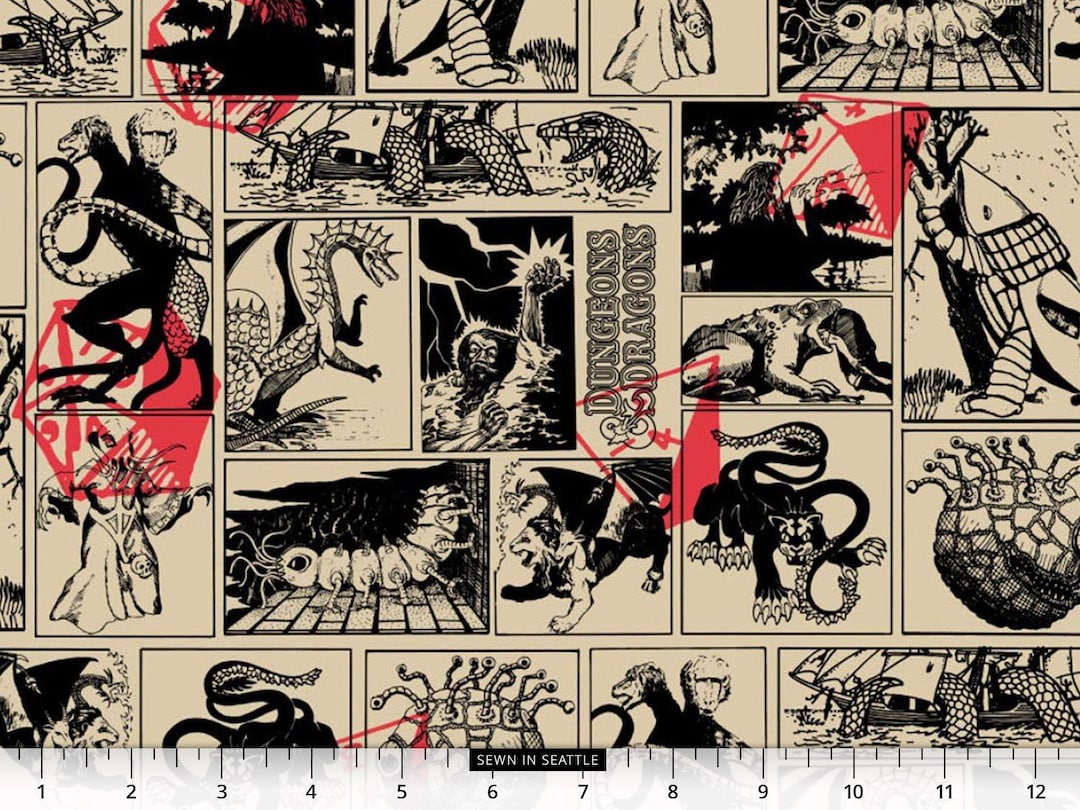 Dungeons & Dragons Fabric -- Dnd Characters and Scenes on Tan With Red ...