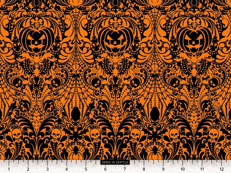 Halloween fabric Spooky Halloween damask pattern with jack o'lanterns, spiders and skulls on dark orange 100% cotton quilting fabric image 1