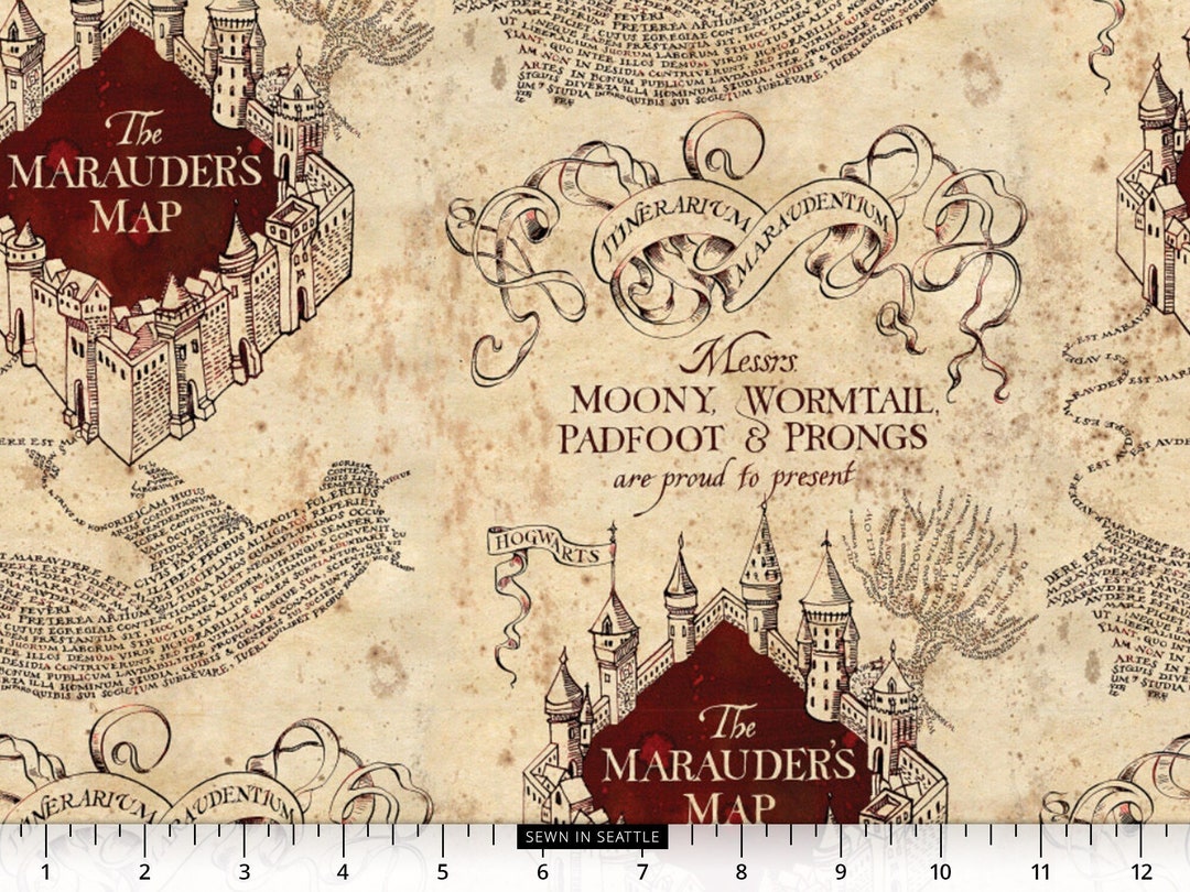 HARRY POTTER Fabric the Marauder's Map Repeated on Parchment Background