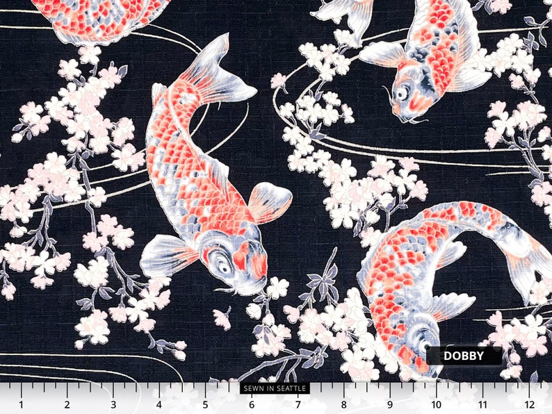 Japanese DOBBY Fabric -- Koi Fish Swimming Among Cherry Blossoms on ...