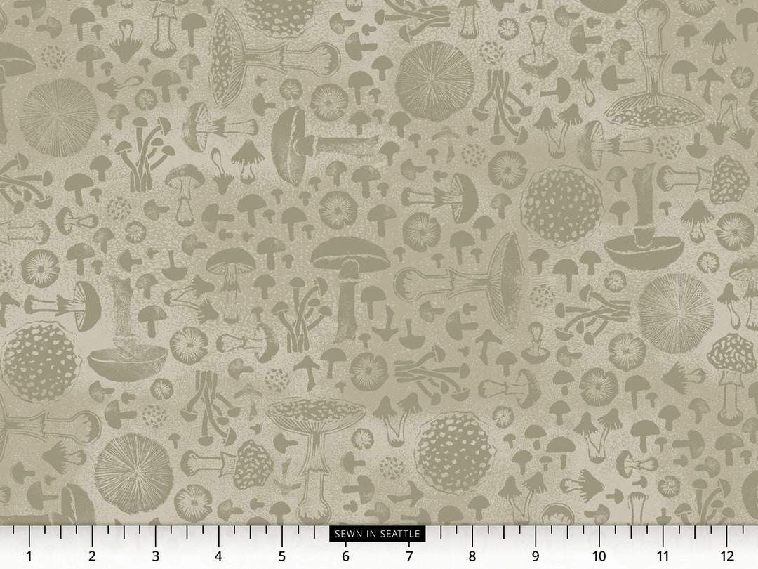 Mushroom Fabric -- Monochromatic Grayish-brown Mushrooms on Mottled ...