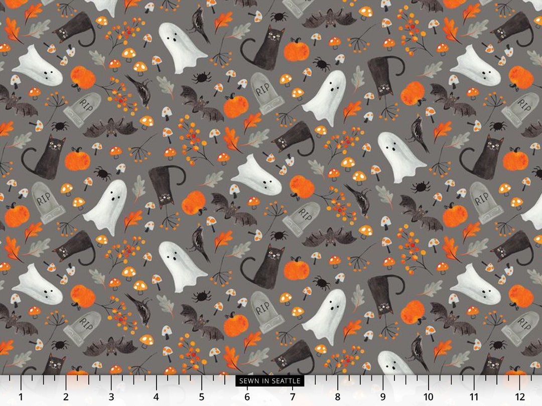 Halloween Fabric Ghosts Tombstones Black Cats Pumpkins and
