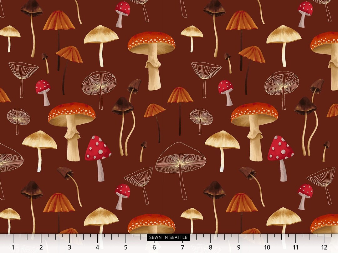 Mushroom Fabric -- Mushrooms Repeated on Dark Brick Red -- 100% Cotton ...
